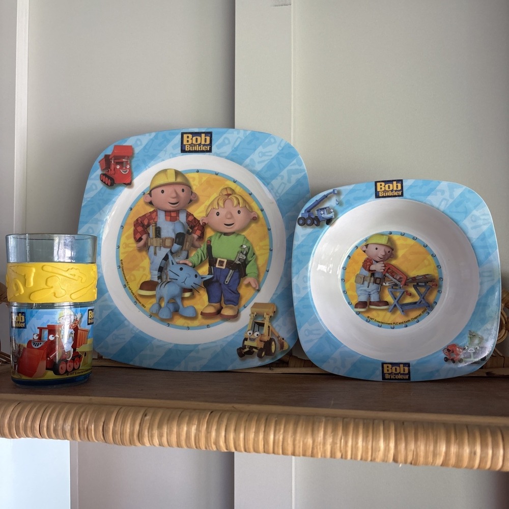 Vintage Y2K Bob The Builder Children Plate Bowl Cup Set Dinner Lunch Food